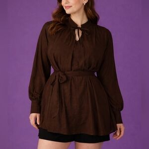 Vintage Chocolate Brown Keyhole Tie Waist Chiffon Tunic